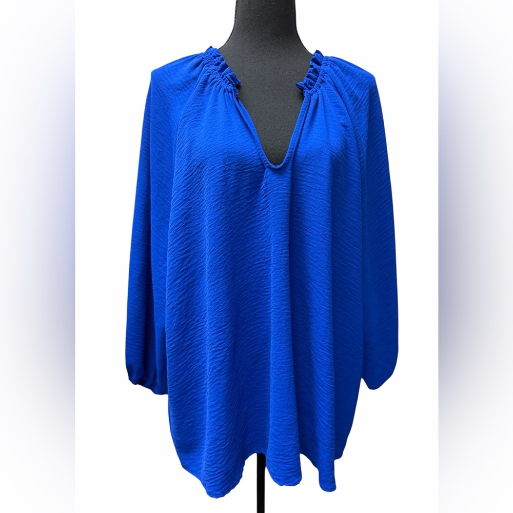 ee:some Fashion Cobalt Blue V-Neck Peasant Blouse with Puff sleeves Size XL